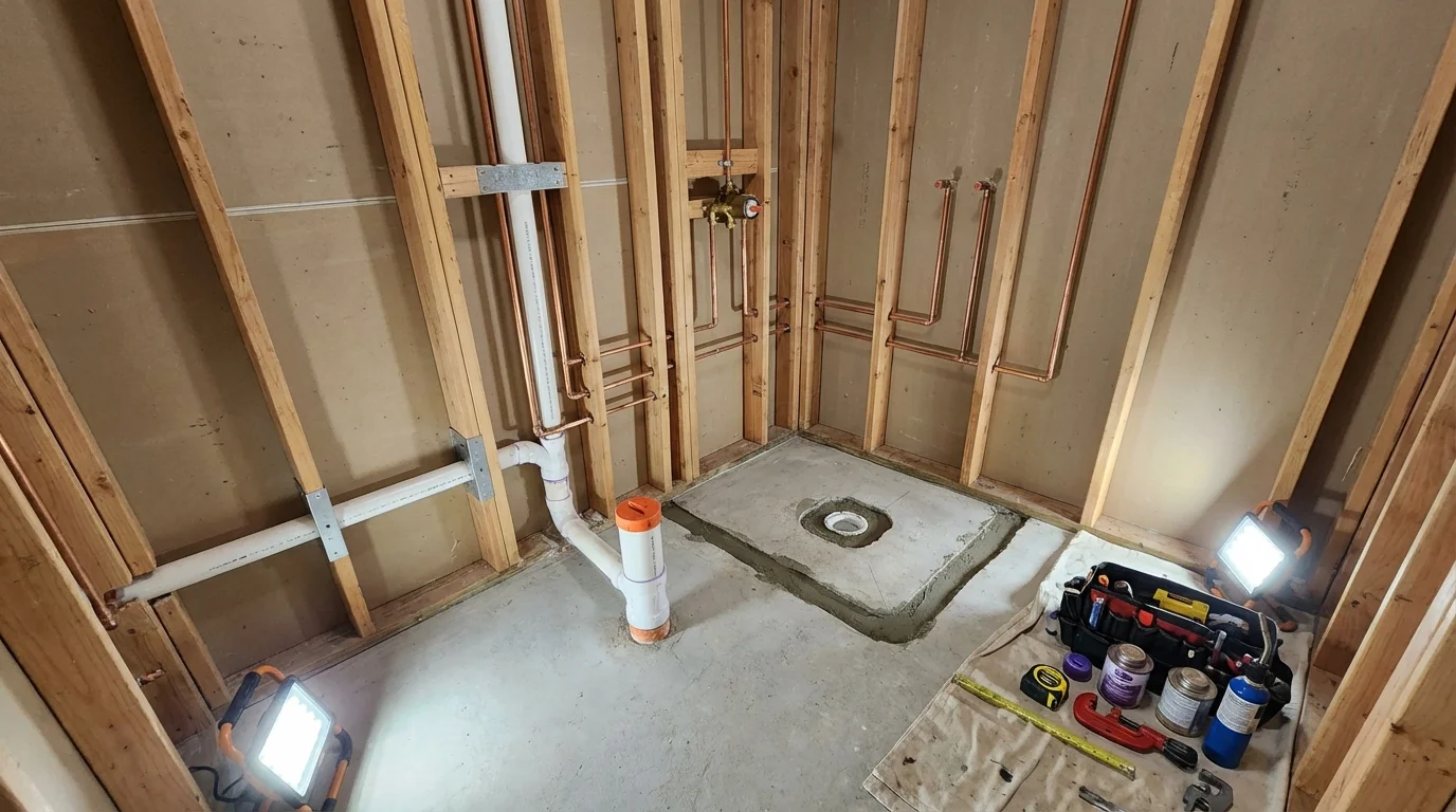 Bathroom rough-in plumbing during remodel by Johns Plumbing LLC in Chaska