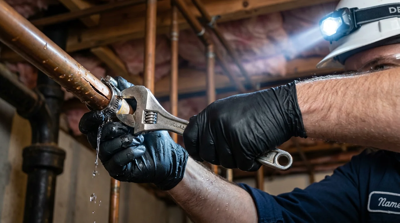 Emergency pipe clamp repair being performed by a Johns Plumbing LLC plumber in Chaska