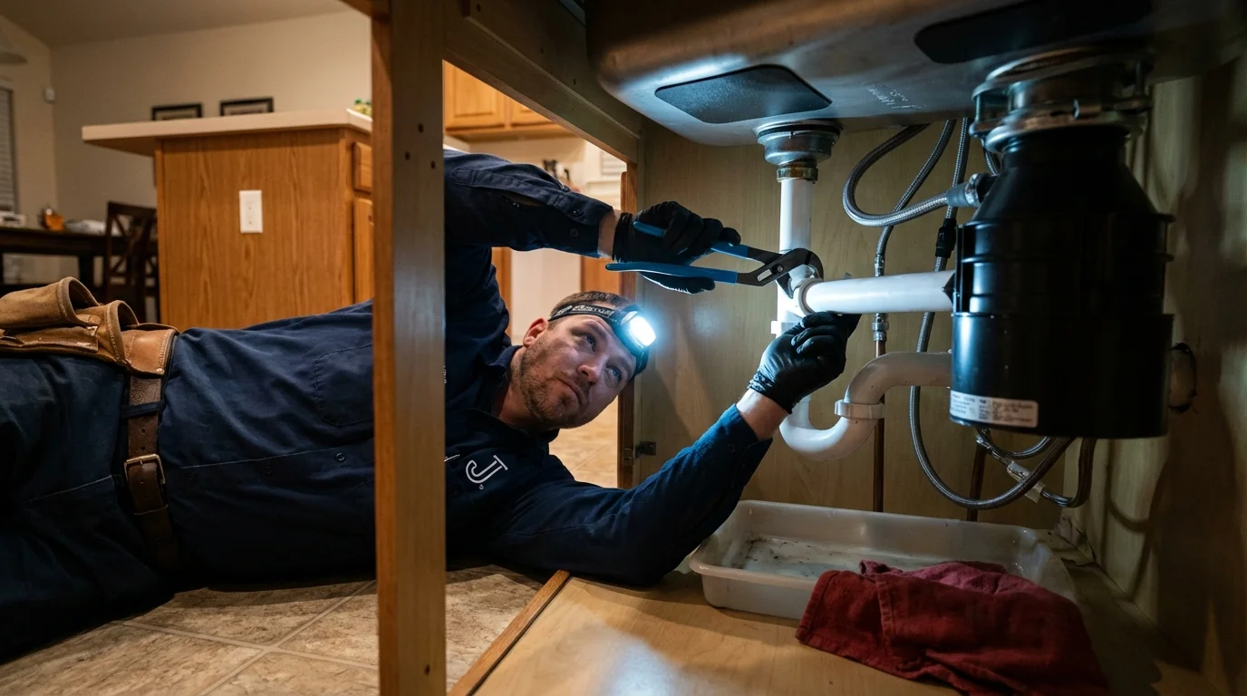 P-trap and supply line connections under a kitchen sink showing a common leak point in Chaska, MN